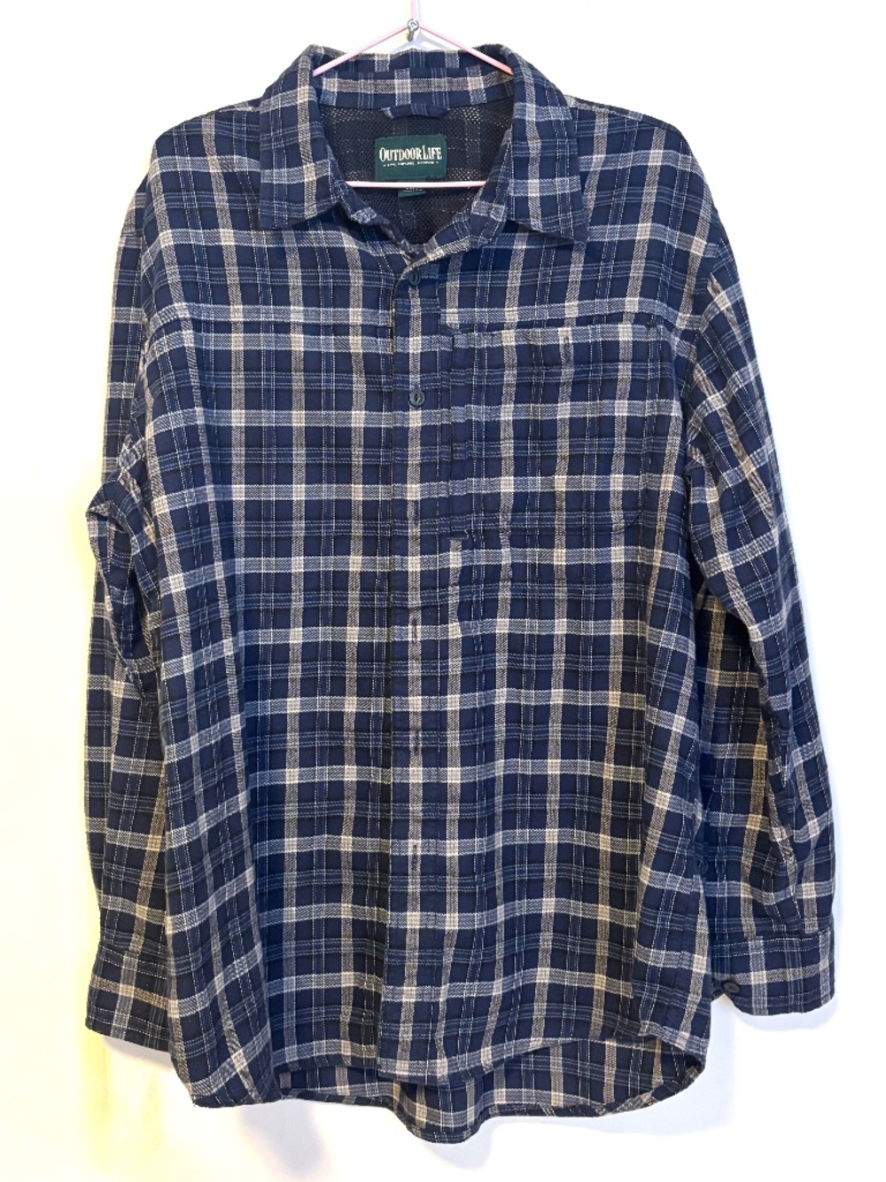 Outdoors Collared Button Down Flannel Shirt Blue White Checkered Mens Size Large